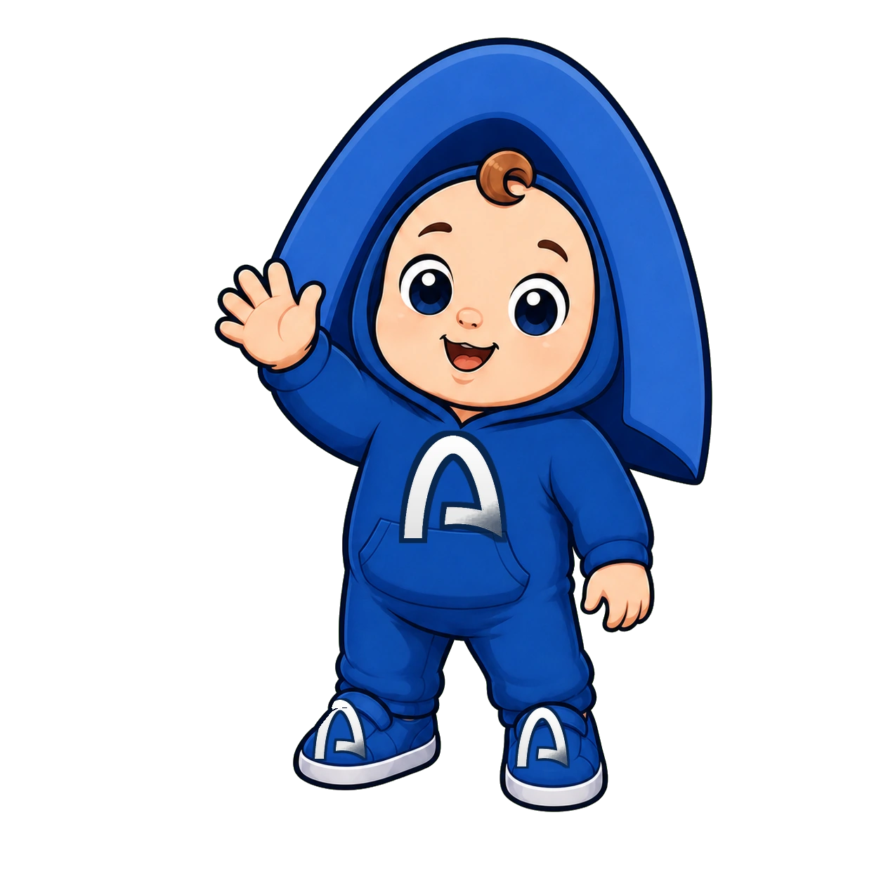 Archie waving in his Arc-blue outfit
