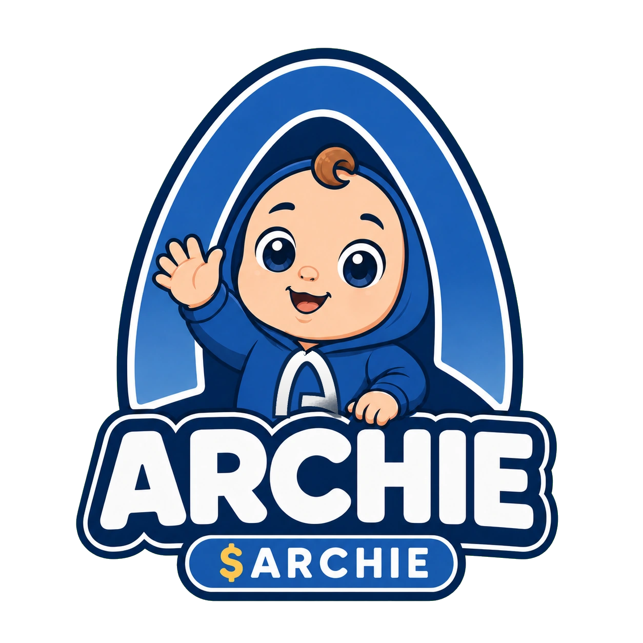 Archie waving from inside a blue Arc-shaped hood above the Archie wordmark
